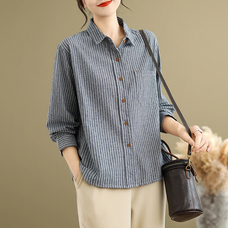 纯棉条纹衬衫女翻领休闲百搭宽松显瘦秋季新款韩版长袖衬衣