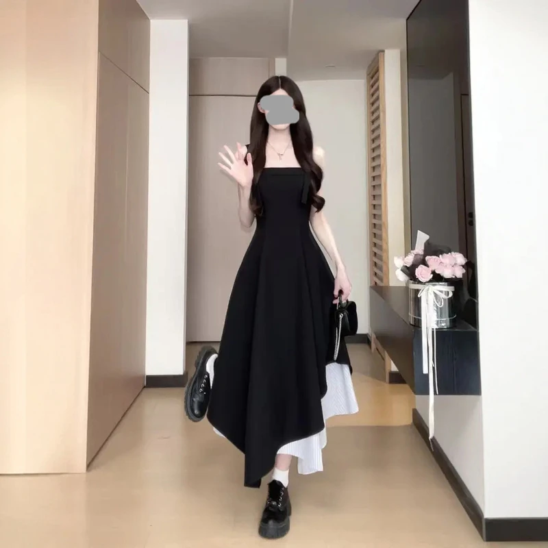 法式高级感蓝色无袖吊带连衣裙女夏季新款不规则设计气质绝美长裙