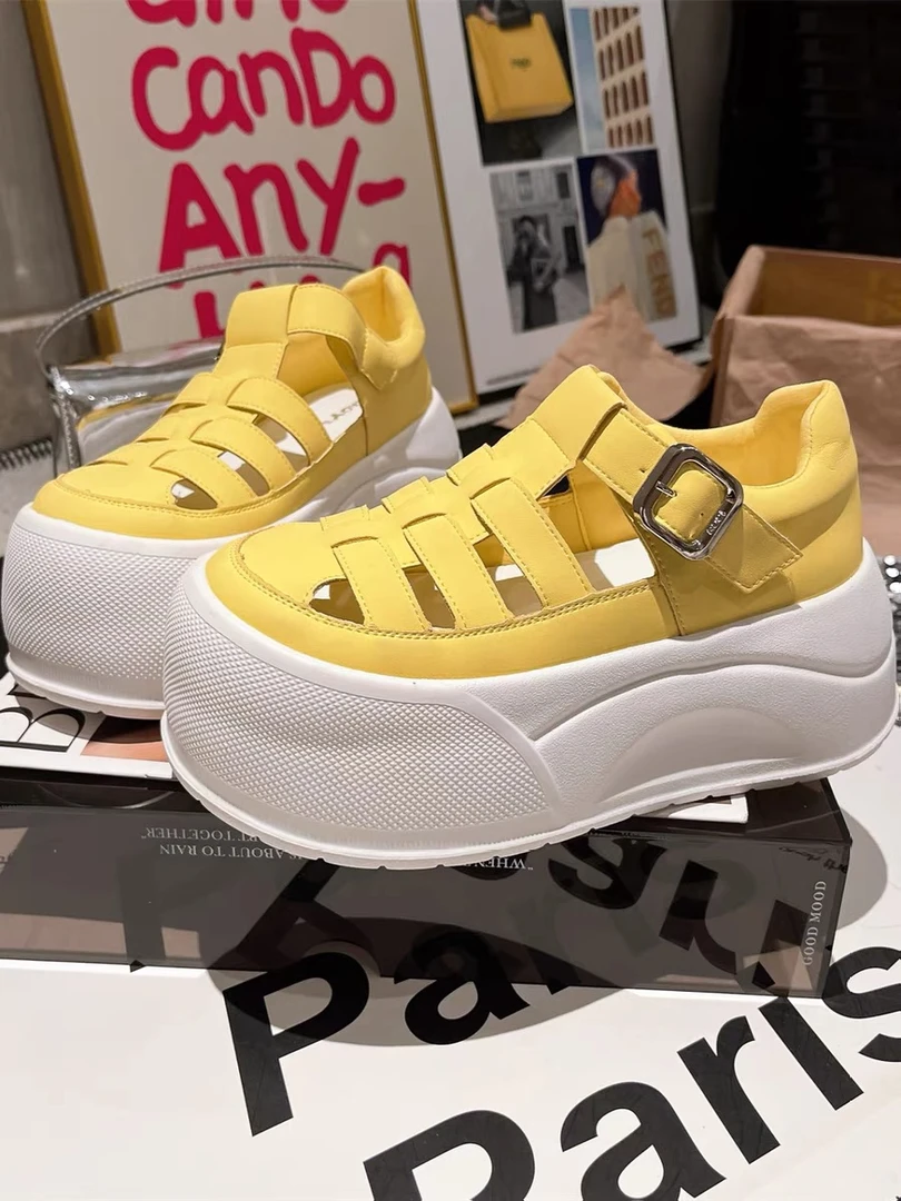 95-79新款编织复古包头凉鞋猪笼鞋厚底松糕小白鞋面包休闲女鞋