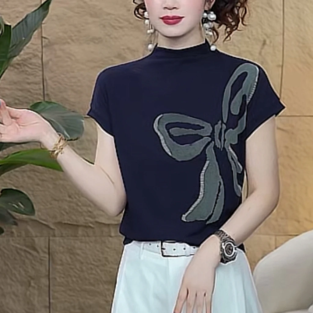 【歌莱图】2025夏季新款时尚蝴蝶印花修身短袖T恤上衣#6080