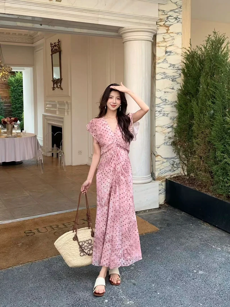 夏季绝美长裙法式高级感超好看独特漂亮气质掐腰粉色波点连衣裙子