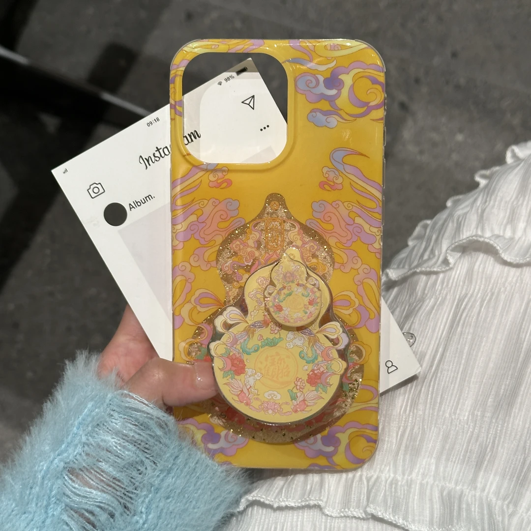 新中式黄色招财葫芦适用于苹果16手机壳闪粉15Promax双层14创意13
