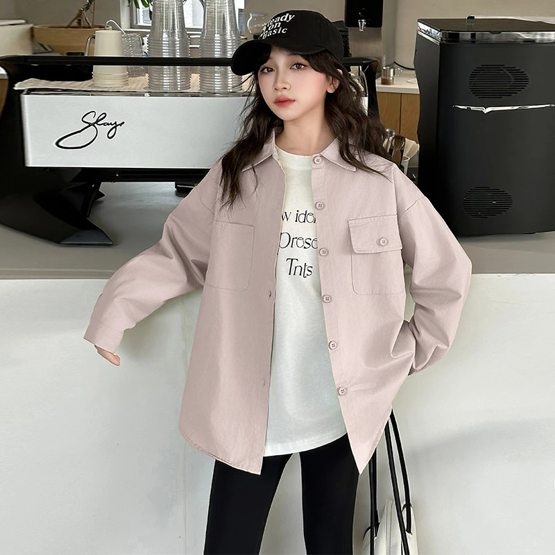 女童衬衫2025新款洋气时尚纯色韩版上衣6-12岁中大童学生女孩衣服