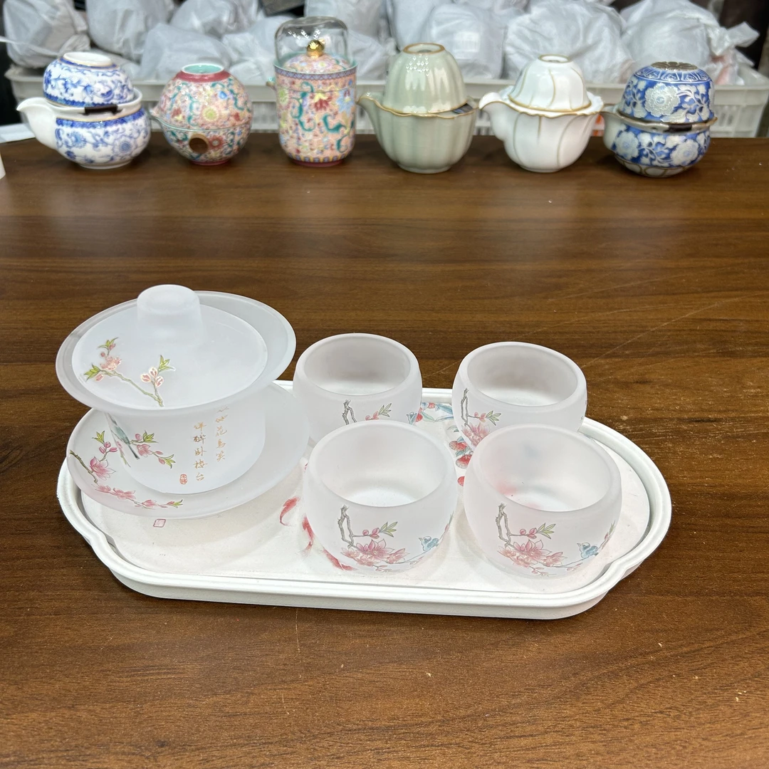 zh3370-喜上眉梢桃花玻璃一盖四杯功夫茶具