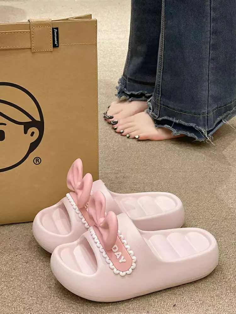 【岳姐姐】可爱立体蝴蝶结厚底踩屎感女款室内外穿防滑凉拖鞋525