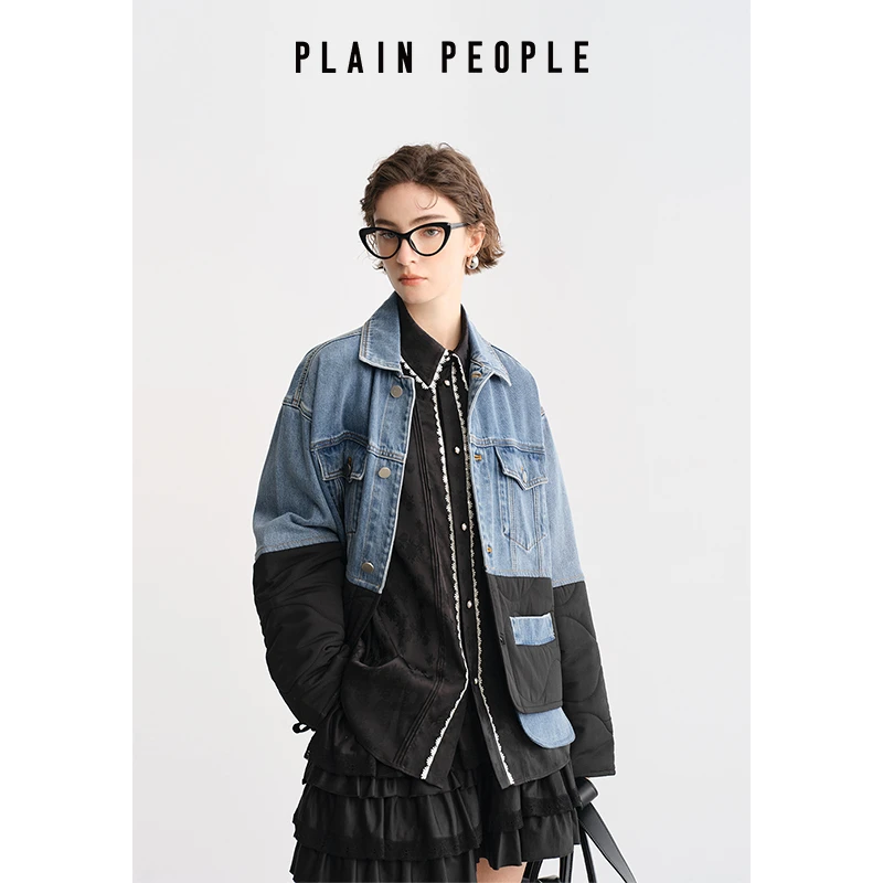 PLAIN PEOPLE【丹宁牛仔】复古拼接棉服翻领牛仔夹克外套款2025秋
