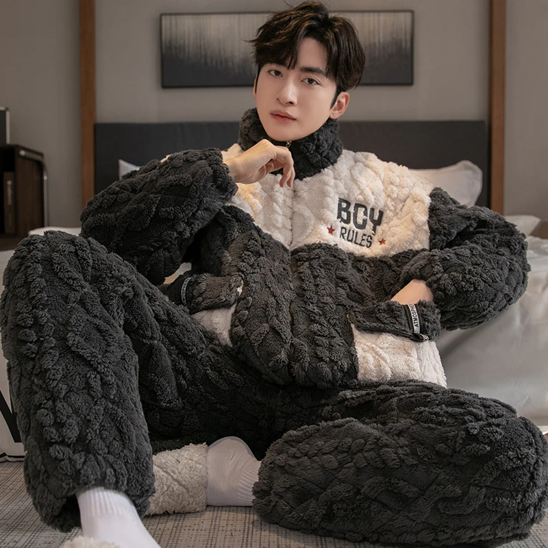 【三层夹棉】睡衣男冬季珊瑚绒加绒加厚保暖法兰绒家居服加大码套装