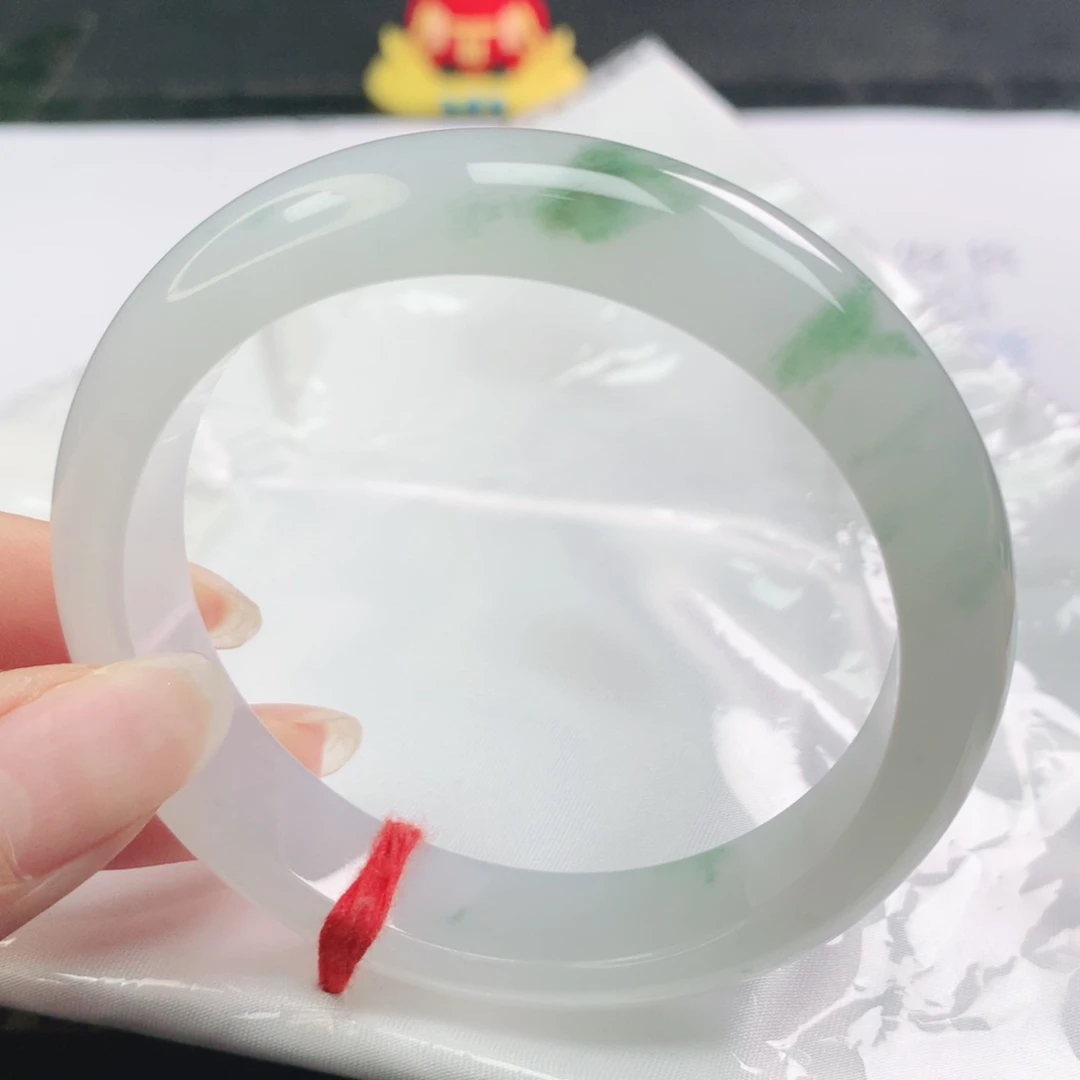 翡翠未镶嵌手镯翡翠56.0冰种白冰飘绿花正圈