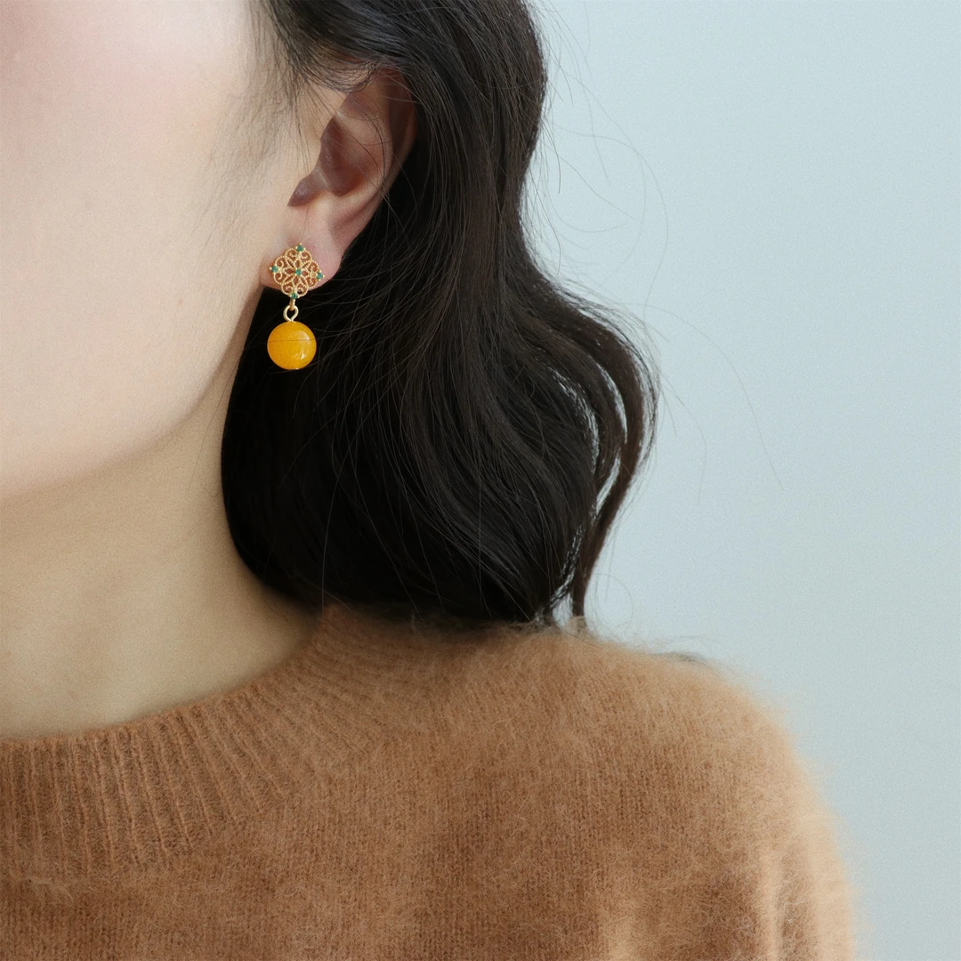 因缺斯汀饰品 铜合金耳饰 【金秋蜜果】新中式镂空花窗黄色圆珠耳钉