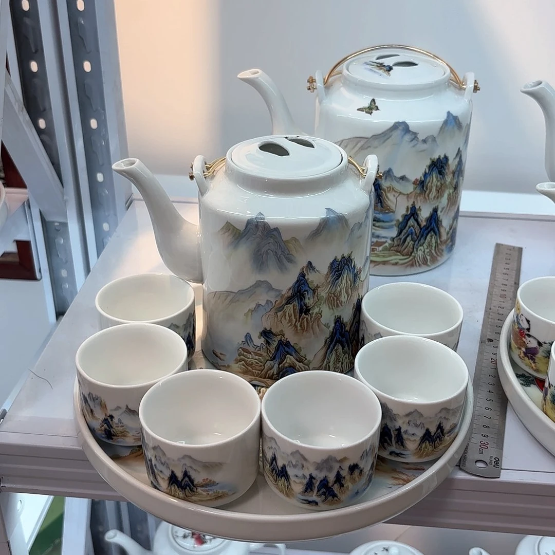 壶千里江山图三斤➕六个杯子➕茶盘