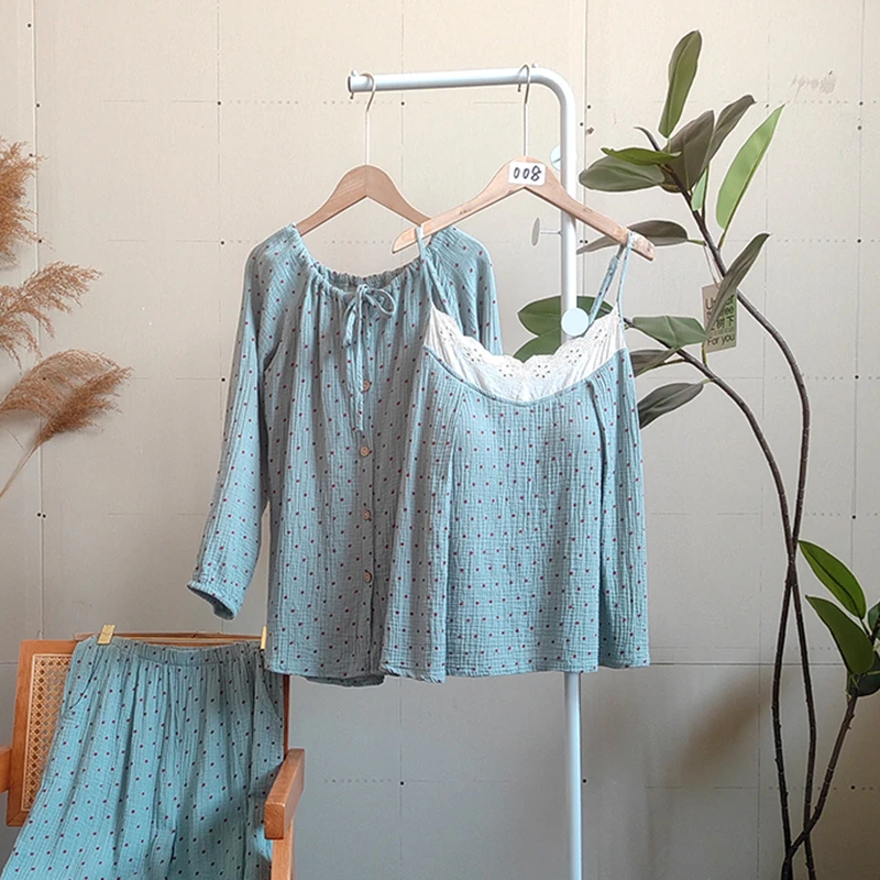 〖梦影芳华〗008全棉纱长袖睡衣秋冬春女纱吊带纯棉长裤家居服套装