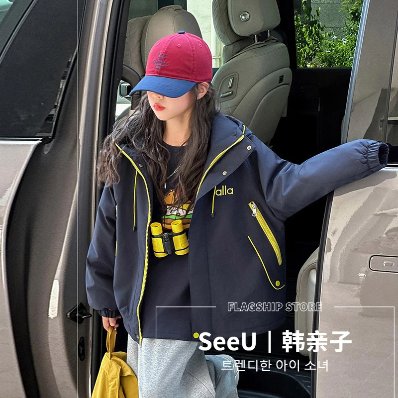 中大女童6-12岁童装儿童洋气韩外套加棉了连帽休闲日常冬款运动