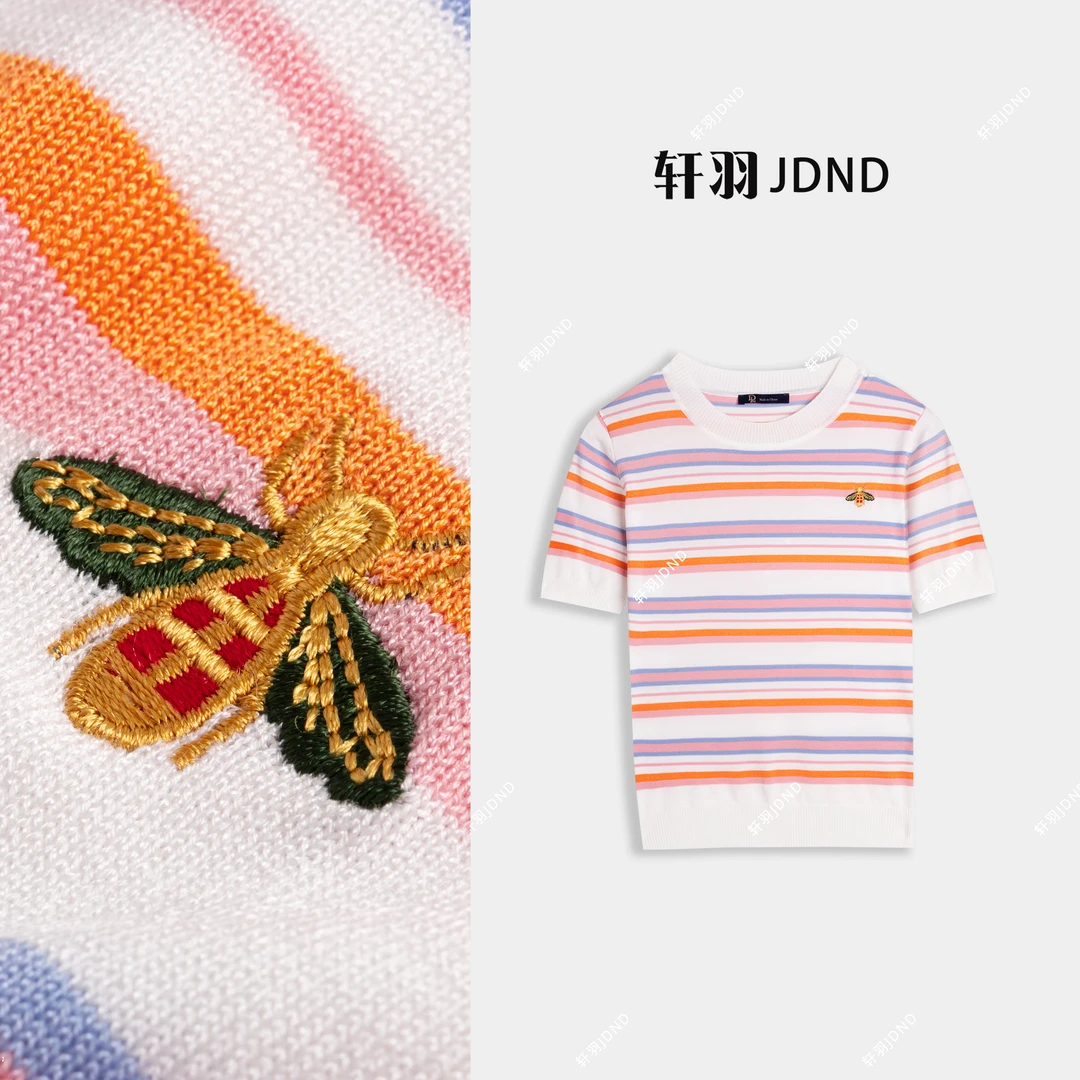 JDND轩羽【小蜜蜂】莱赛尔夏季日常百搭刺绣条纹针织小衫XY26322