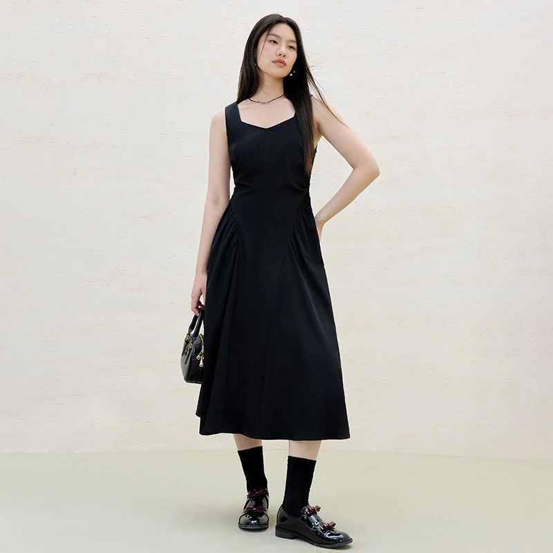 独束大码女装法式钻石领收腰无袖连衣裙显瘦中长款裙子25DS82063