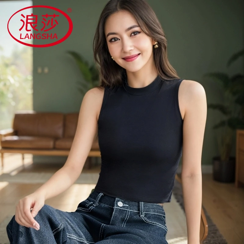 浪莎黑色半高领无袖背心女内搭纯棉吊带短款夏季打底上衣设计感小
