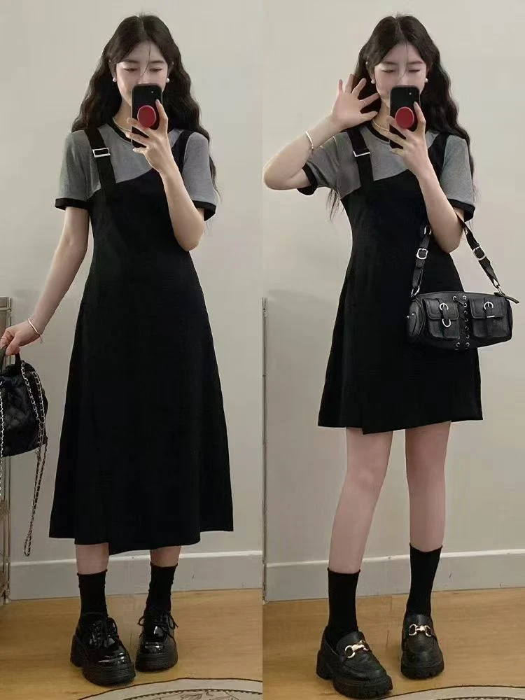 2025夏季新款大码女装胖mm假两件时尚设计感显瘦单肩拼接连衣裙