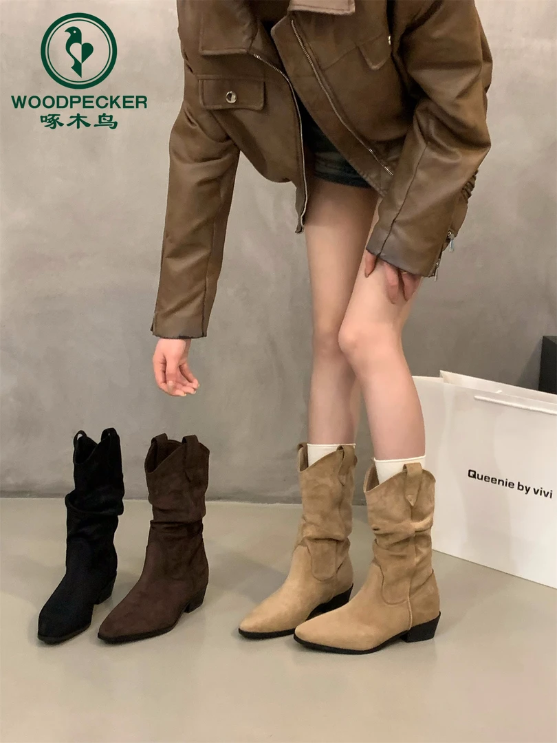 啄木鸟巨好看粗跟高跟卡其色堆堆靴女2025冬季新款爆款短靴马丁靴