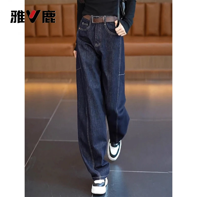 雅鹿女2025年秋冬季高腰弯刀阔腿牛仔裤显瘦宽松时尚拖地直筒裤子