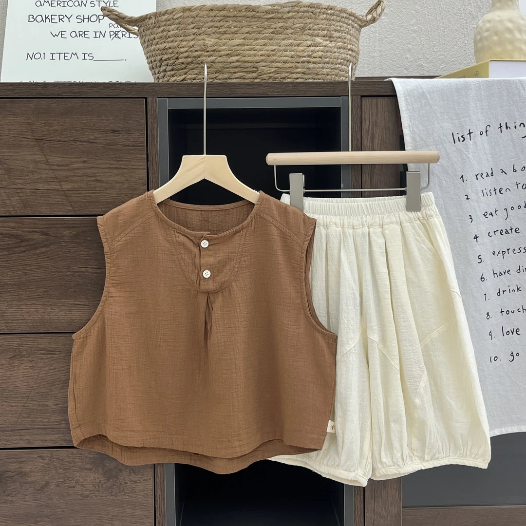 【小蛋壳】现货2025新款森系复古夏季男女童纯色套装DK1193