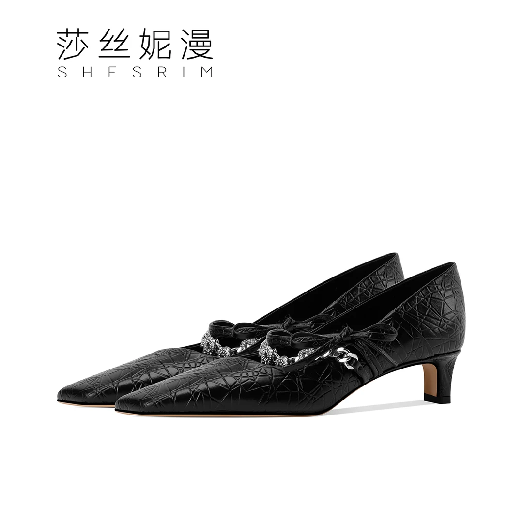 277-2025新款低跟时尚百搭气质低跟黑色休闲浅口女士高跟鞋细跟