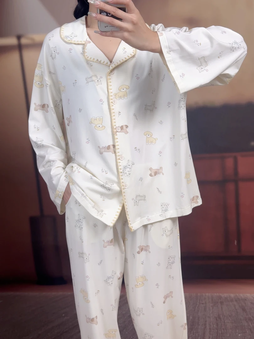 秋新款2025睡衣女长袖韩系甜美卡通减龄显白开衫可外穿家居服套装