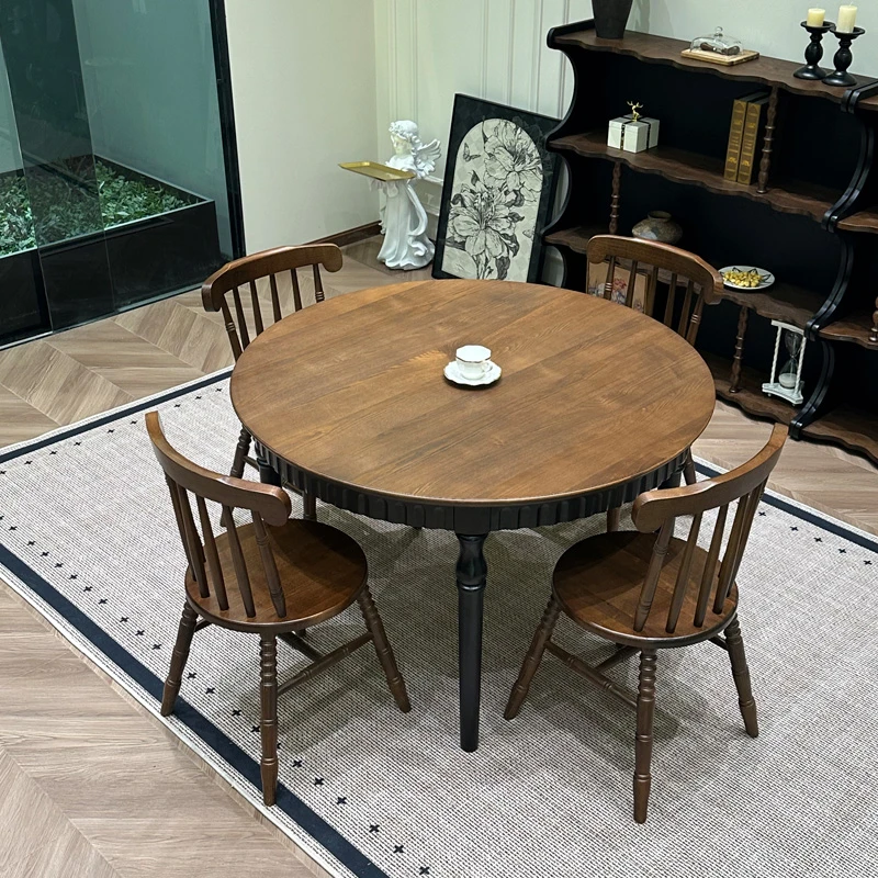 BESTFURN中古风复古圆形餐桌轻奢美式北欧饭桌餐厅家用圆餐桌