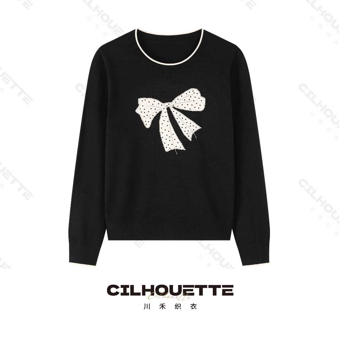 川禾织衣 秋冬撞色提花烫钻蝴蝶结圆领羊毛时尚高端长袖针织衫