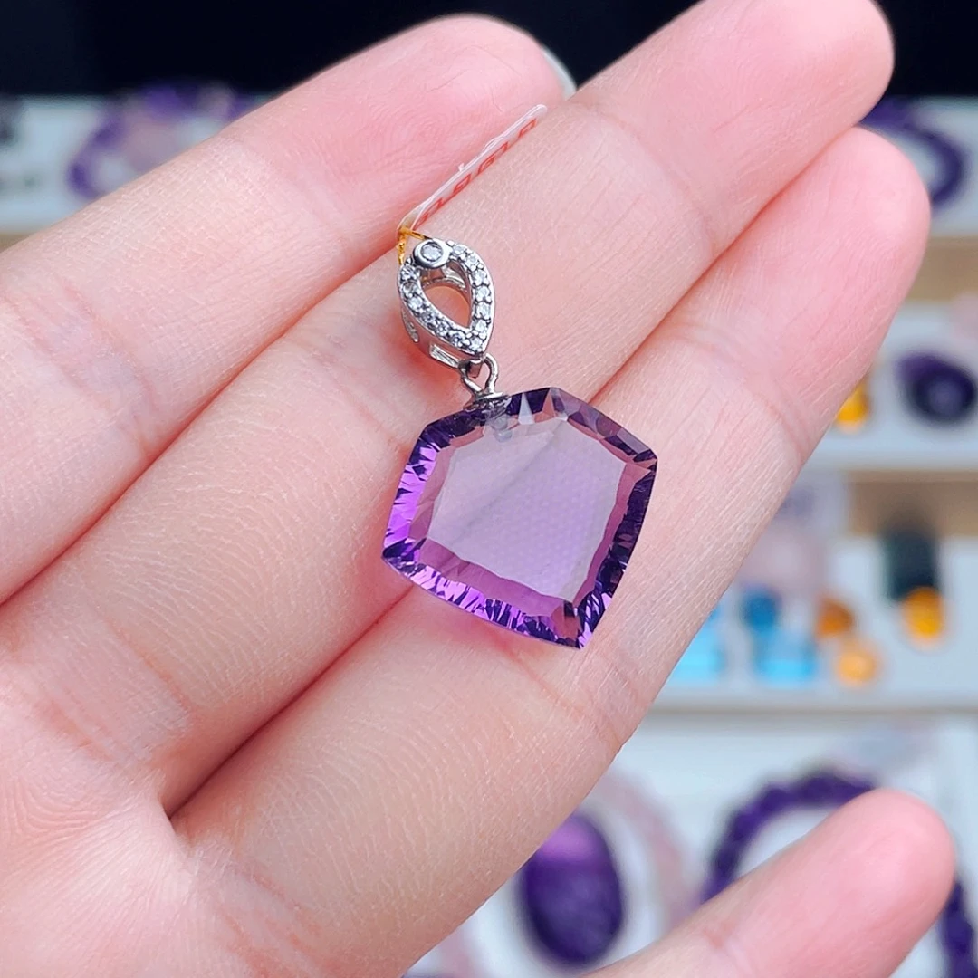 珠宝半成品水晶银S925镶嵌天然保真紫水晶吊坠
