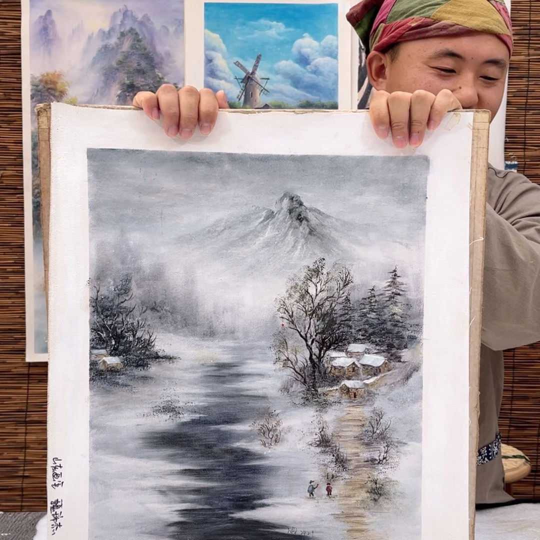 油画行路人小院绘画作品竞拍