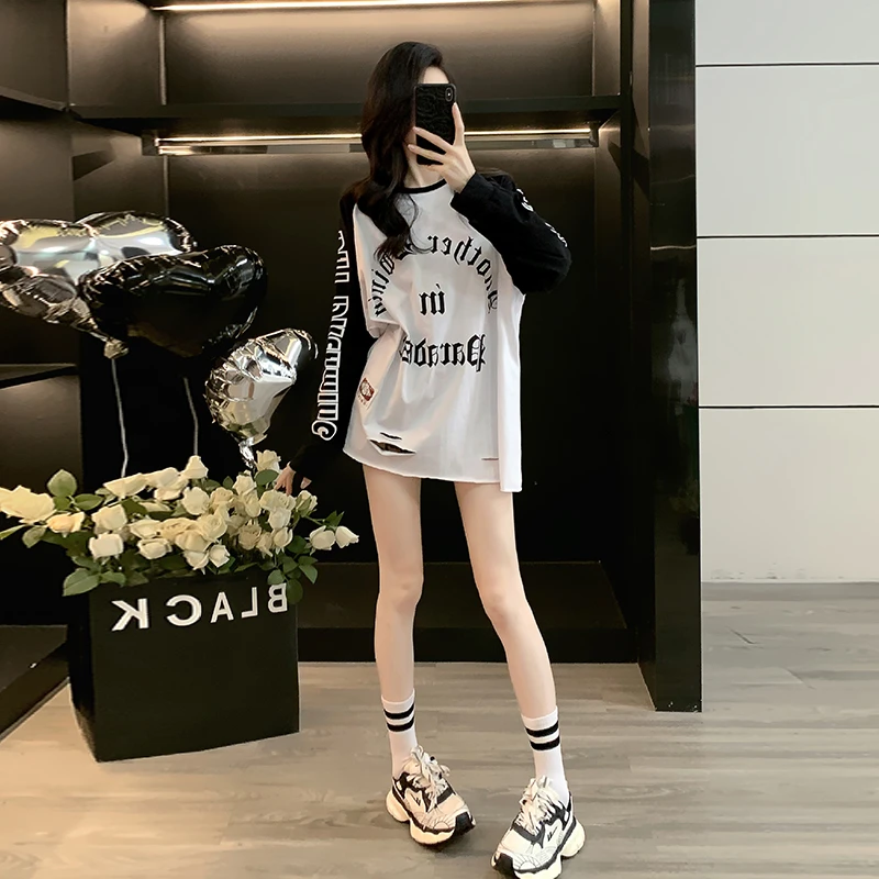 潮牌春秋款设计感印花宽松T恤中长款显瘦百搭长袖复古港风拼接女