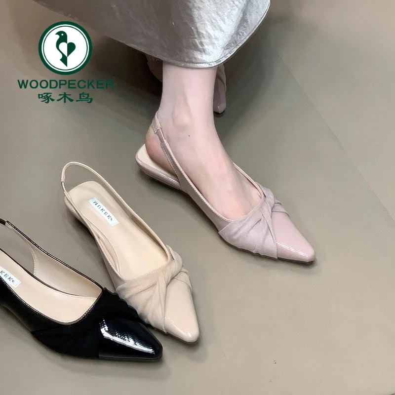 啄木鸟优雅纯色尖头配裙子包头凉鞋女2025新款名媛气质后绊带单鞋