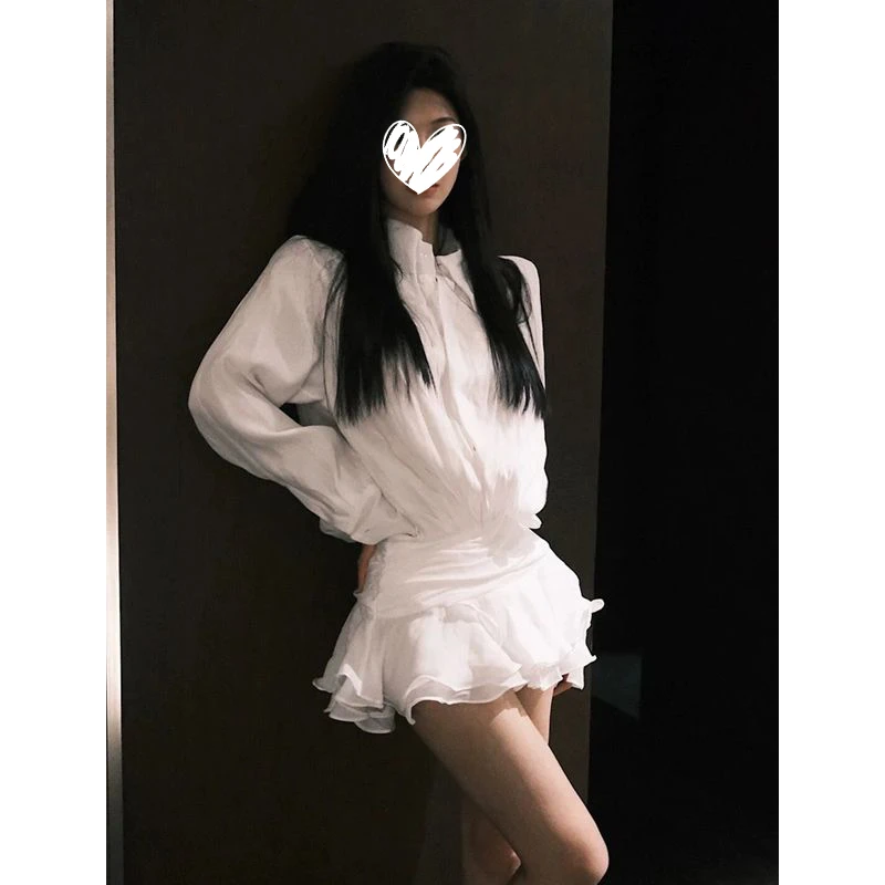 白色polo领长袖衬衫连衣裙女春季法式温柔短裙收腰绝美荷叶边裙子