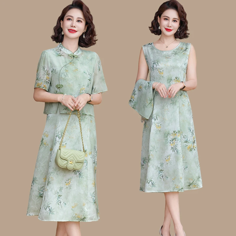 妈妈夏装国风连衣裙洋气高贵新款中老年女夏季中式两件套裙子洋气