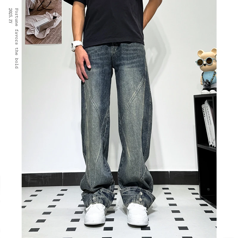 2025秋季美式复古立体裁剪牛仔裤潮牌设计感高街阔腿裤男女同款