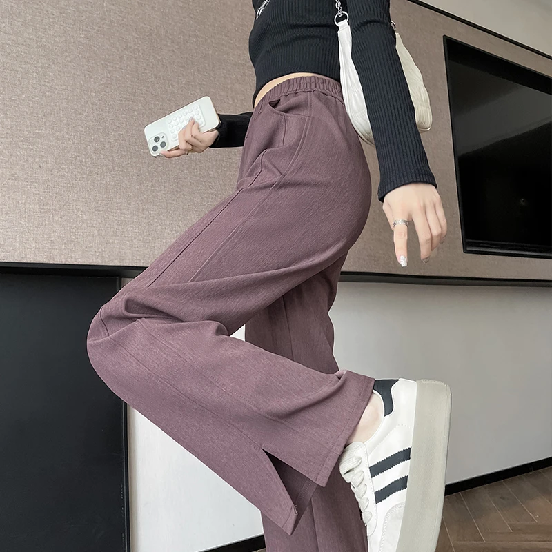 窄版阔腿裤女夏季薄款高腰垂感休闲2025新款小个子冰丝开叉直筒裤