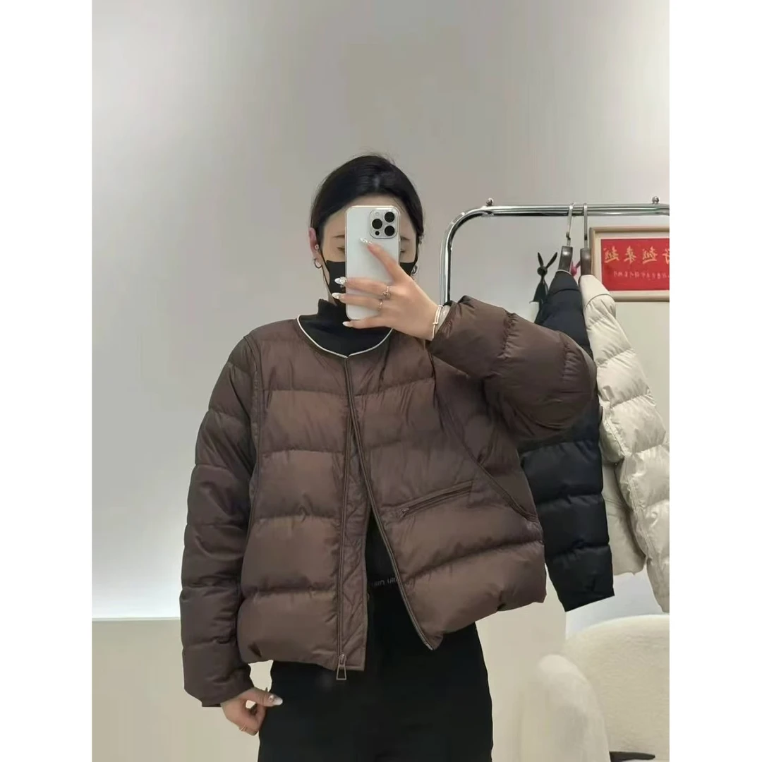 简约复古风包边圆领轻薄短款白鸭绒羽绒服女2025冬季新款宽松外套