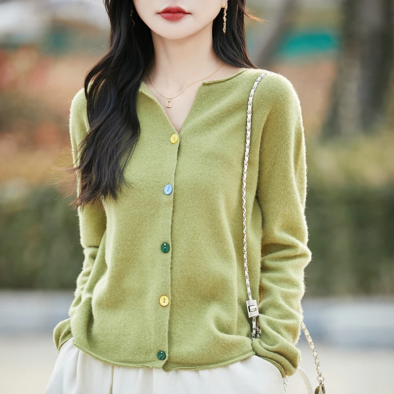 MINGXANG/名巷【极简彩扣】早春短新款纯羊毛圆领针织开衫春秋显瘦