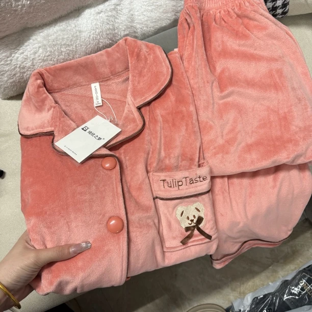 琦欣家活力橙小熊家海岛绒加厚保暖家居服套装女