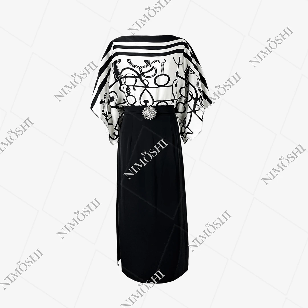 NIMOSHI【达妮】黑白拼接假两件条纹图腾蝴蝶袖显瘦长连衣裙女Q1563