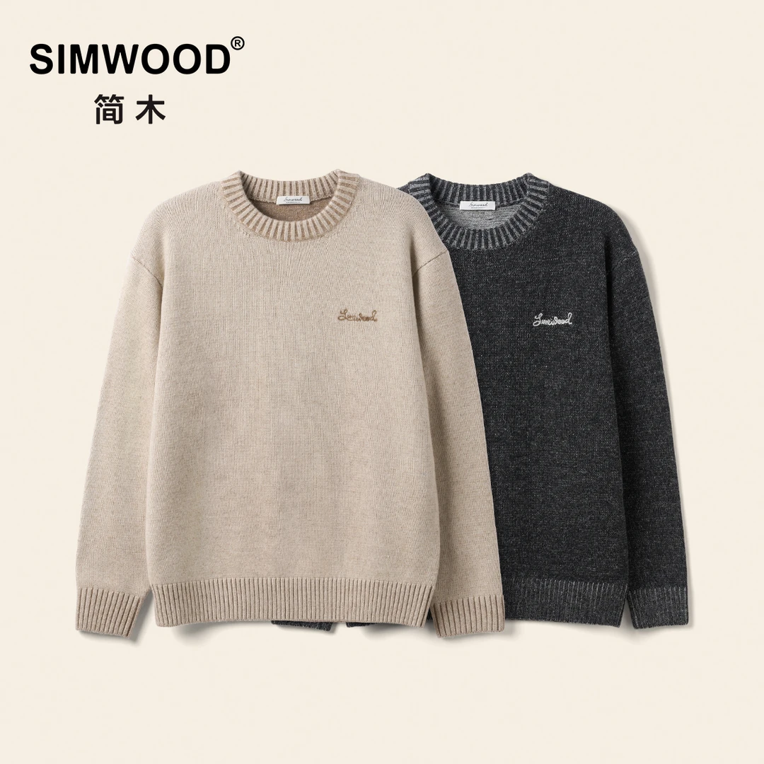SIMWOOD/简木【短宽版】5针绵羊毛混纺防静电绣花圆领毛衣S12250526