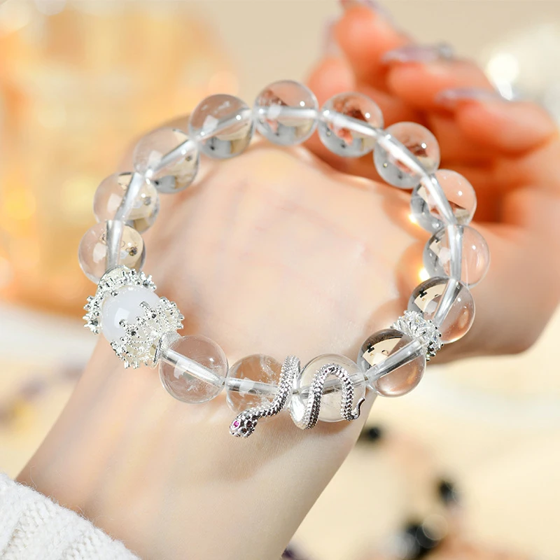 天然白水晶白玛瑙生肖蛇手链大颗粒圆珠原创女士新款手串饰品