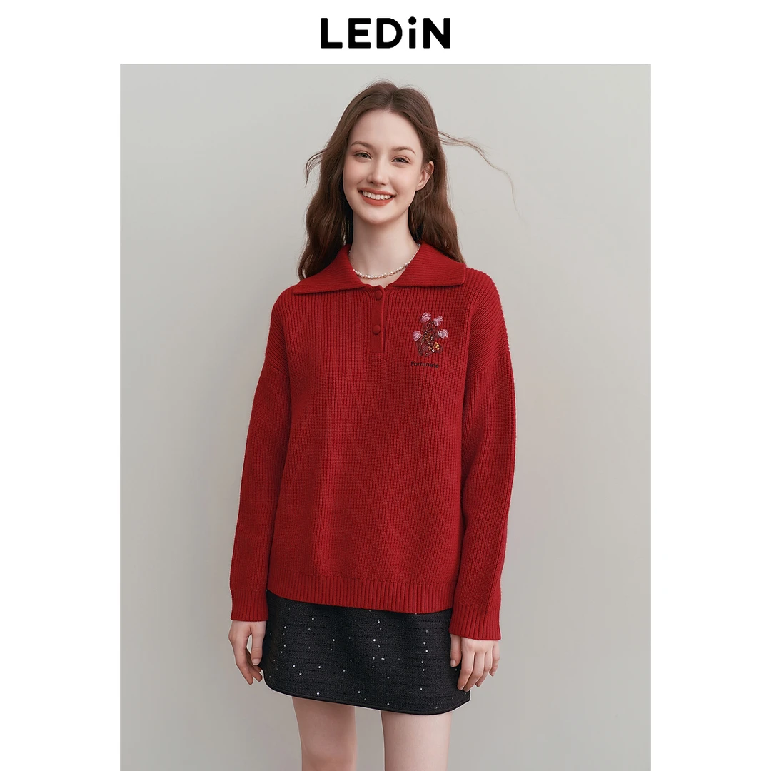 乐町翻领半开襟毛衣线套衫1844