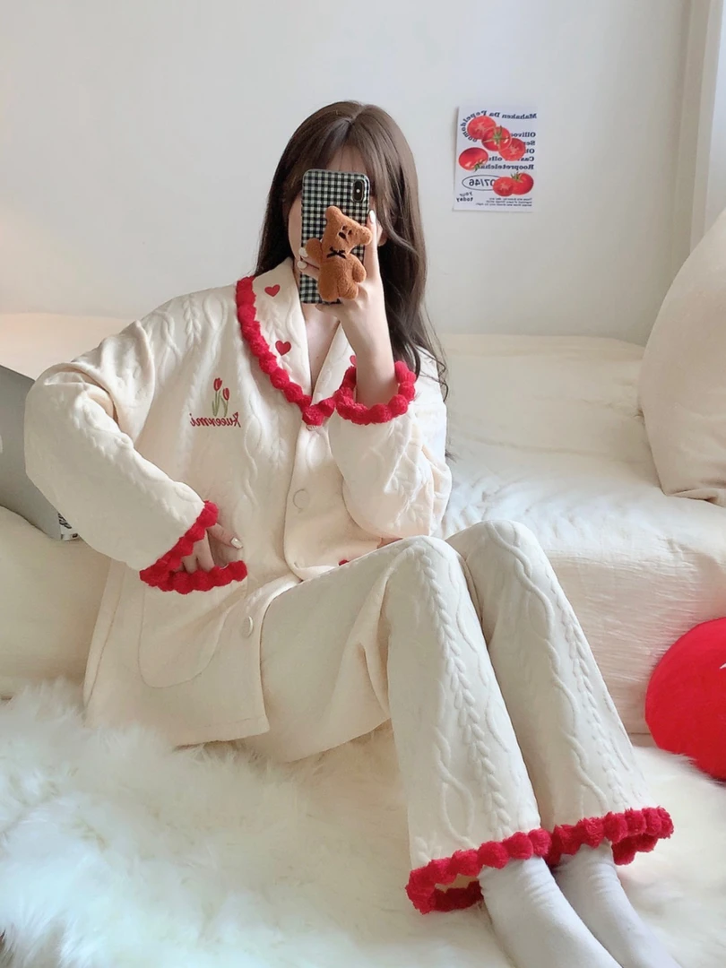 大学生睡衣女秋冬季棉夹层中厚甜美桃心保暖家居服宽松休闲可出门