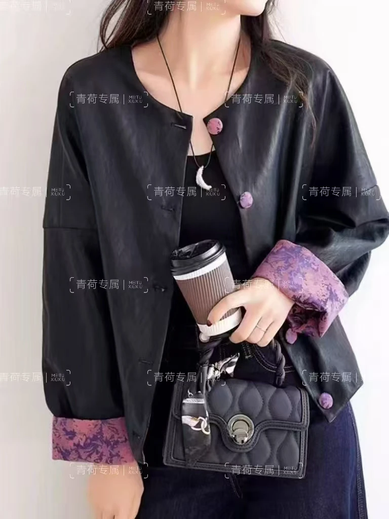 【青荷专属】{设计师}时尚前线复古国风提花拼接皮衣新中式文艺上衣