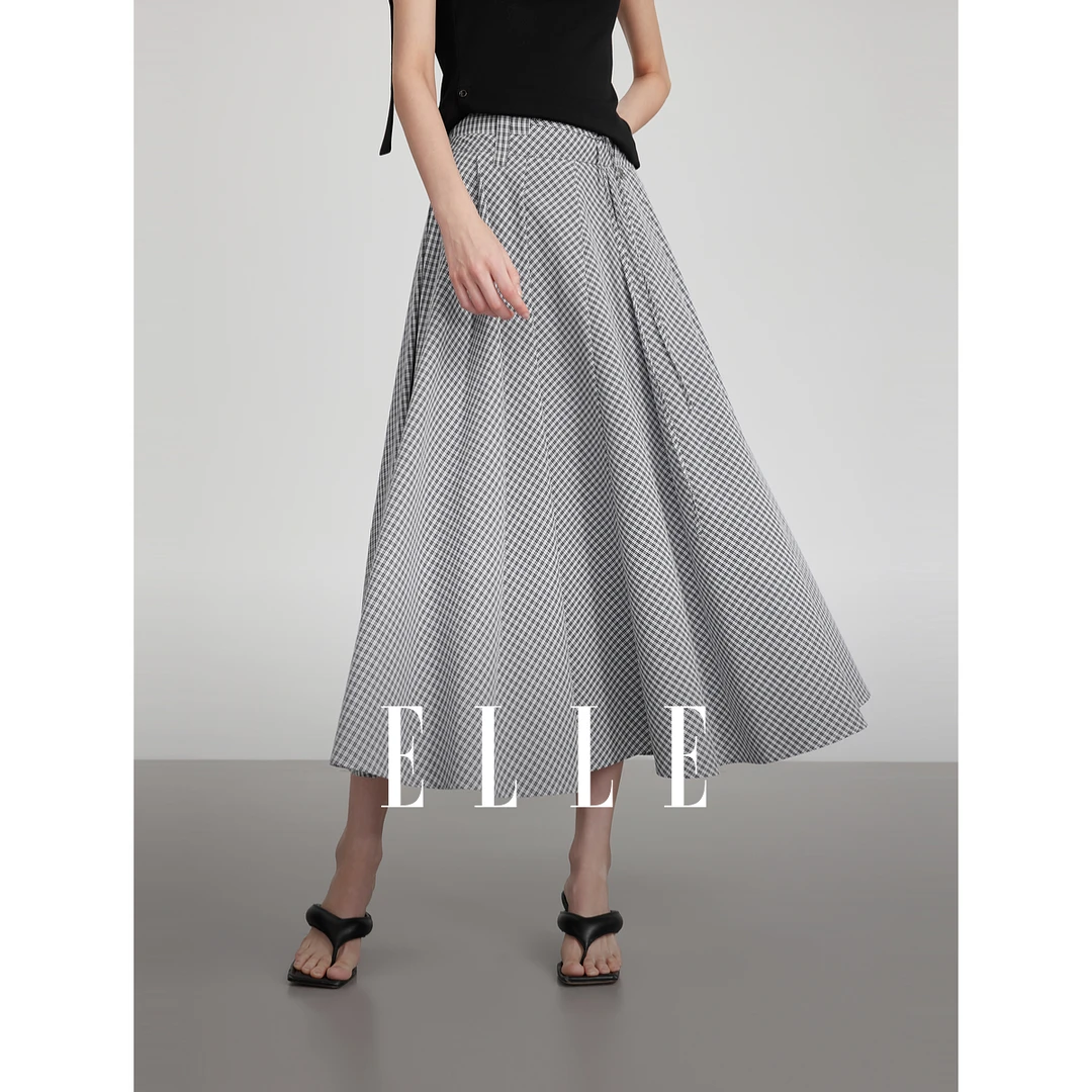 ELLE英伦格纹垂坠感半身裙女2025夏日穿搭通勤高腰a字伞裙ER52531