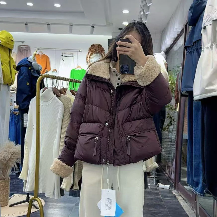 冬季新品加厚仿羊羔毛翻领时尚优雅羽绒服保暖棉衣棉服女精致百