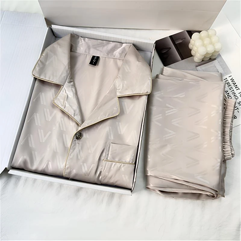 睡衣男士春秋季冰丝长袖香槟色字母蜜蜂柔软高级感轻奢家居服套装