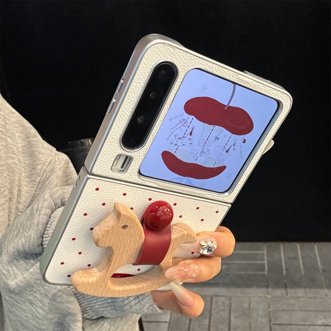 适用华为purax典藏版手机壳白底皮质pocket2红色波点木马指环扣女