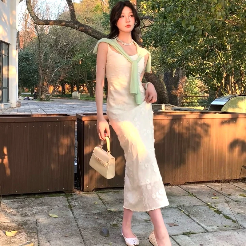 祖祖zz 春季韩版氛围感温柔穿搭吊带裙气质显瘦白色提花长裙YS589