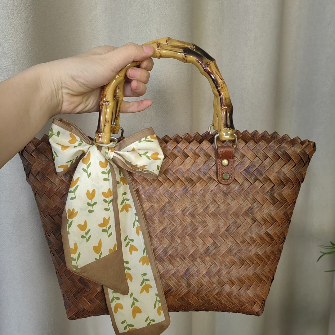 （送丝巾）中号纯手工包包编织包仿竹节手提包女士轻奢时尚草编包2